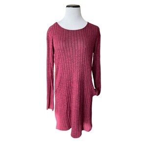 Womens Ribbed Knit Tunic Dress Size S Burgundy Pocket Casual Comfycore Fall Soft